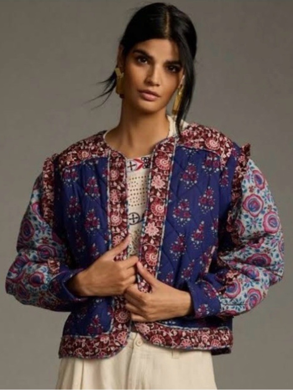 Anthropologie Llani Floral Patchwork Jacket - Blue